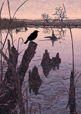 Bird on a stump in a marsh