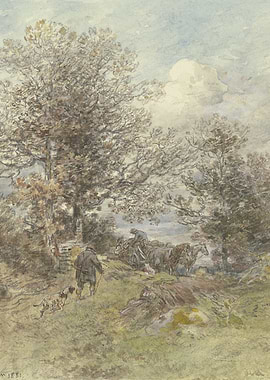 Rural Scene with Horse-Drawn Cart and Dogs