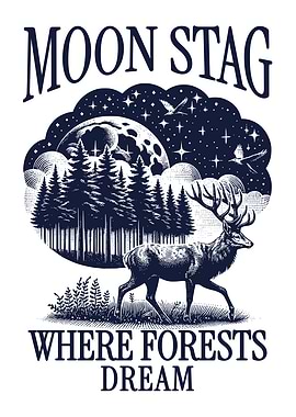 Moon Stag Forest Wall Art, Vintage Deer Night Landscape Poster, Woodland Nature Illustration