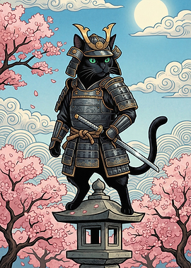Samurai Cat with Cherry Blossoms