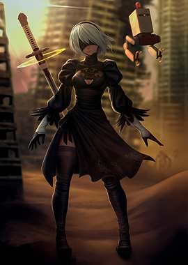 2B and Pod 042 in a Ruined City