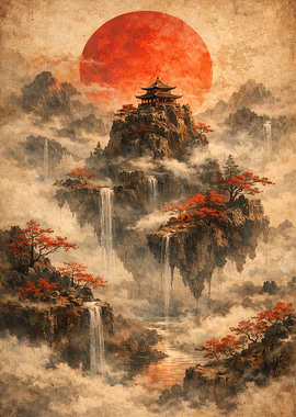 Floating Islands with Pagoda and Red Sun