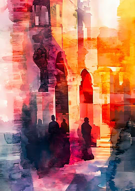 Abstract figures in architectural setting