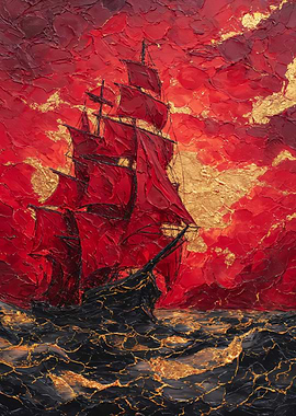 Crimson Ship Gold Kintsugi Impasto Art