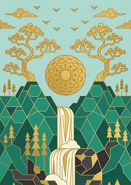 Geometric Mountain Waterfall Landscape