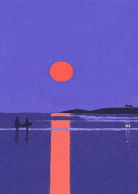 Surfers by the ocean at sunset