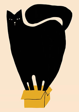 Black Cat in Box Poster, Minimalist Cat Illustration Art, Cute Modern Pet Wall Print