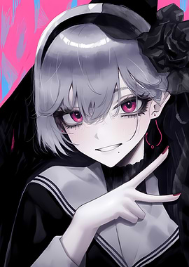 Anime Girl with Pink Eyes and Black Rose