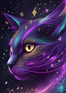 Mystical Cat with Glowing Symbols