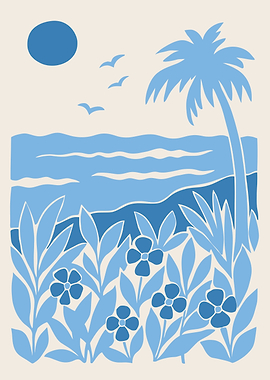 Tropical Beach Scene with Palm Tree and Flowers