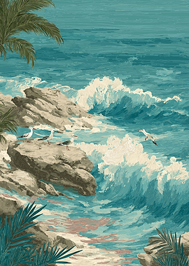 Seagulls on Rocky Shore with Crashing Waves