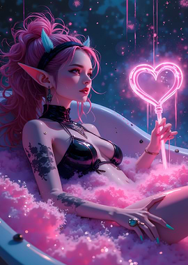 Pink Elf Girl in Bathtub with Heart Wand