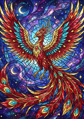Stained Glass Phoenix in Cosmic Sky