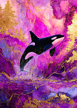 Orca Breaching Purple Gold Kintsugi