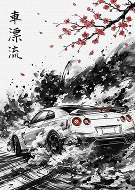Drifting Nissan GT-R with Cherry Blossoms