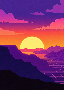 Retro Sunset Landscape with Mountains and Grid