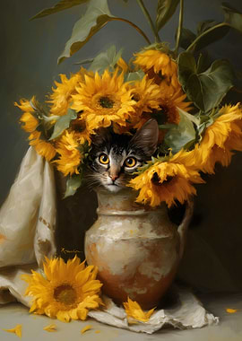 Kitten Peeking Through Sunflowers