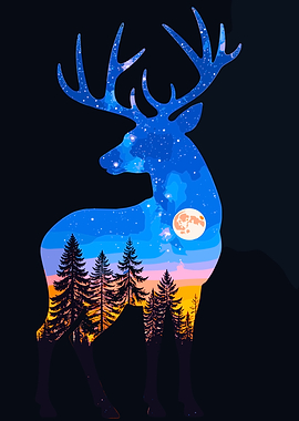 Stag Silhouette with Cosmic Landscape