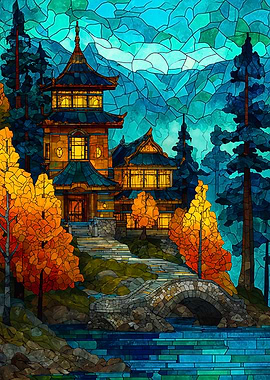 Stained Glass Asian Pagoda Landscape