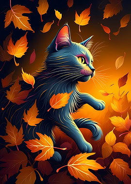 Autumn Cat Among Falling Leaves