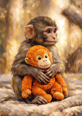 Monkey Hugging a Stuffed Toy