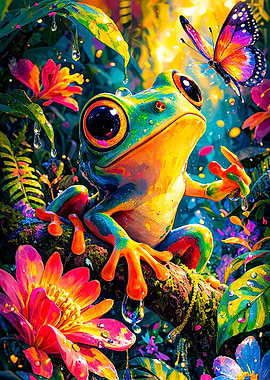 Vibrant Frog with Butterfly in Jungle