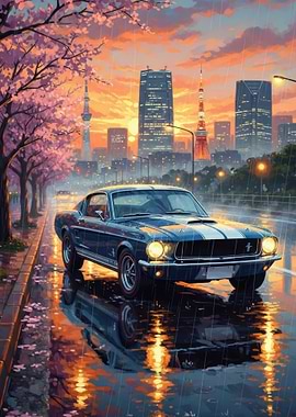 Classic Car in Rainy Tokyo