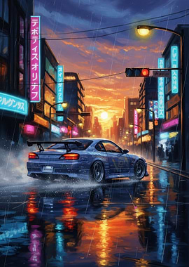 Blue sports car in rainy city at sunset