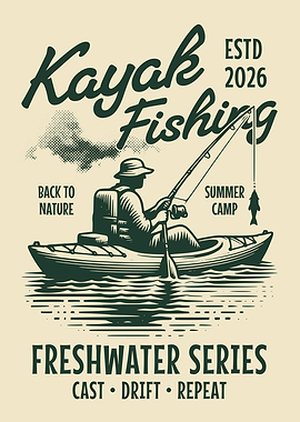 Vintage Kayak Fishing Wall Art, Freshwater Fishing Poster, Angler Kayak Illustration, Fishing Decor