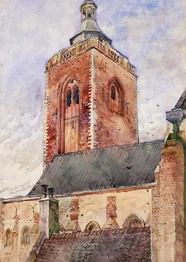 Watercolor painting of a church tower