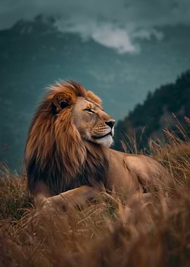 Majestic Lion in a Grassy Landscape