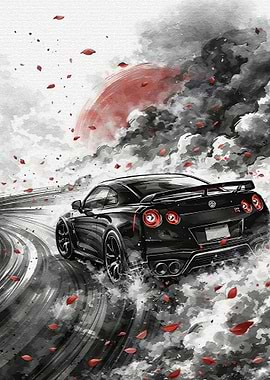 Black Nissan GT-R Drifting with Red Petals