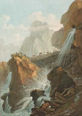 Alpine Waterfall with Cattle and Figures