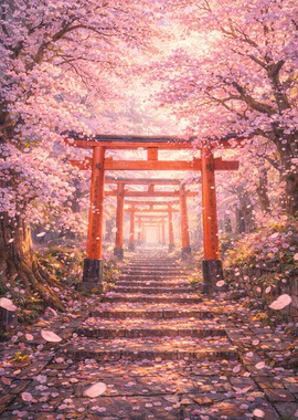 Cherry Blossom Path with Torii Gates