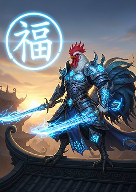 Warrior Rooster with Glowing Swords