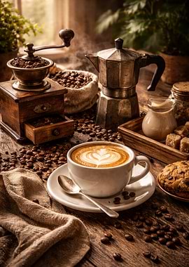 Coffee Grinder, Moka Pot, and Latte Art