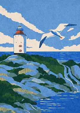 Seagull flying by a lighthouse on a rocky coast