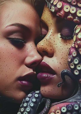 Close-up of two faces with octopus tentacles