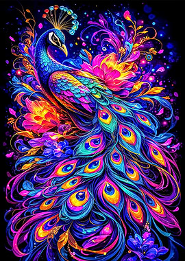 Vibrant Peacock with Floral Accents