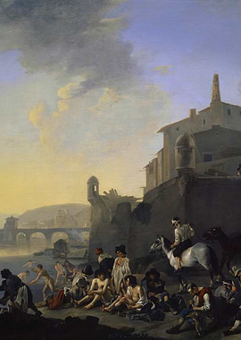 People bathing by a fortified river city