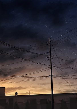 Twilight Sky Over Cityscape with Power Lines