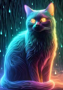 Neon Cat in the Rain