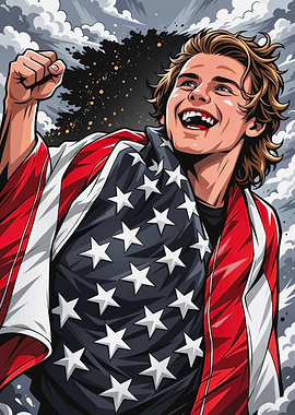 Young Man Celebrates Wrapped in American Flag