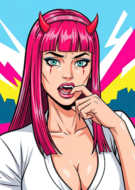 Pop Art Devil Girl with Pink Hair