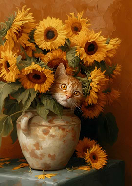 Kitten Peeking Through Sunflowers