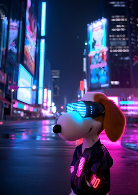 Snoopy in VR in a Cyberpunk City