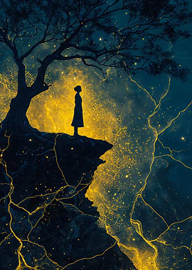 Woman Silhouette On Golden Cliff