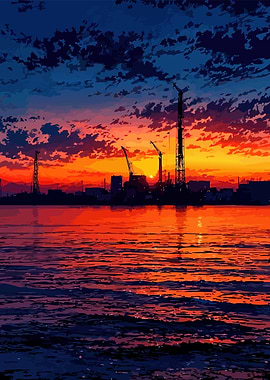 Industrial Sunset Over Water