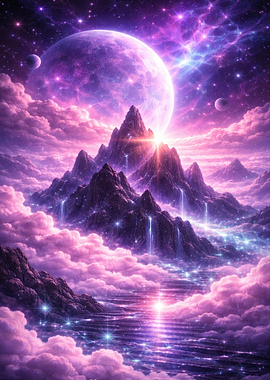 Cosmic Mountain Landscape with Nebula