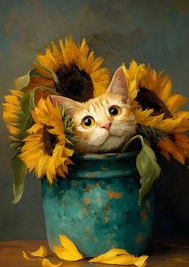 Kitten Peeking Through Sunflowers